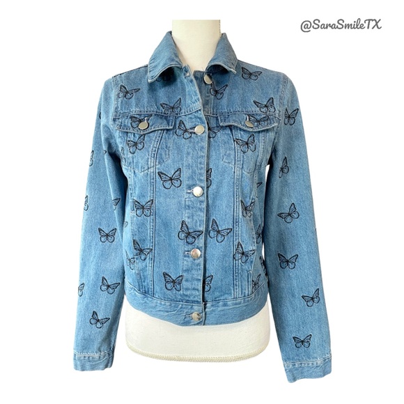 SAMANTHA SIPOS - Good Vibes Only - Embroidered Butterfly Denim & Leather Jacket - Picture 2 of 16